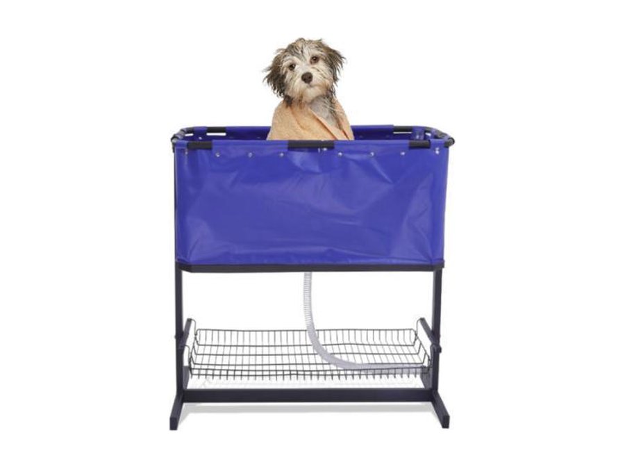 Pet bathtub with drain hose and storage basket