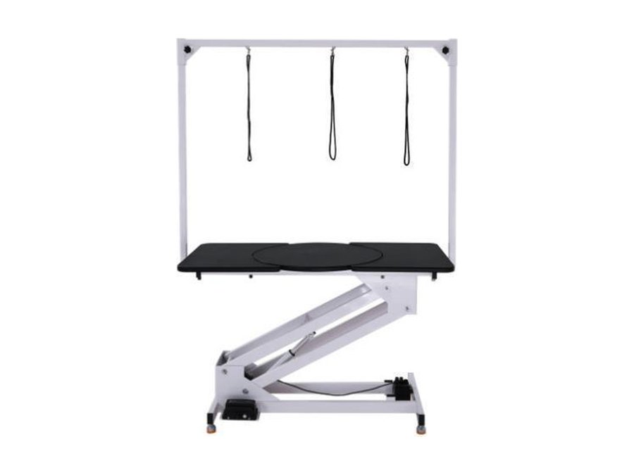 Electric grooming table with rotating platform, H-frame arm