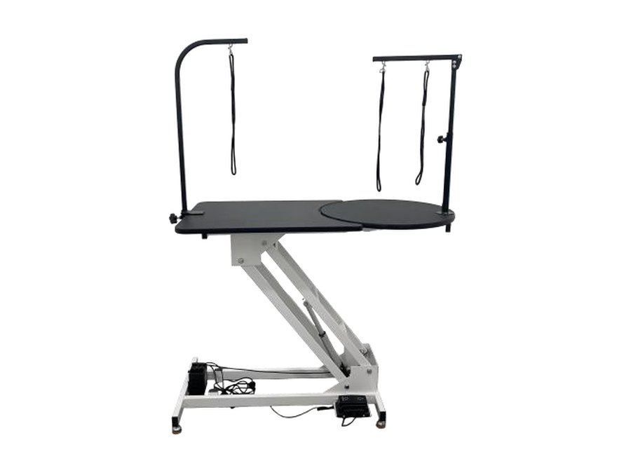 Electric grooming table with rotating platform, twin arms