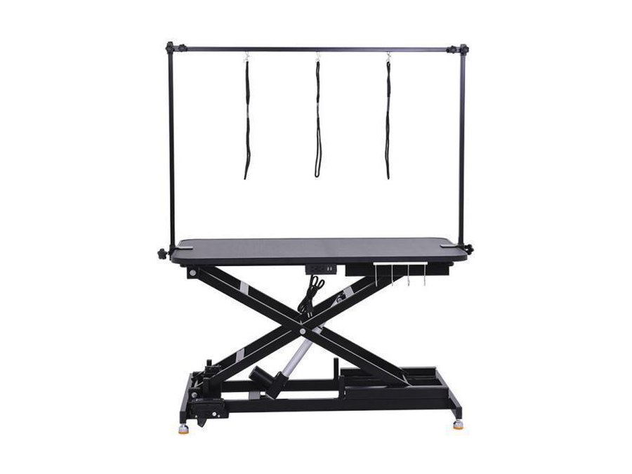 Electric grooming table, low-entry scissor lift, with power outlets