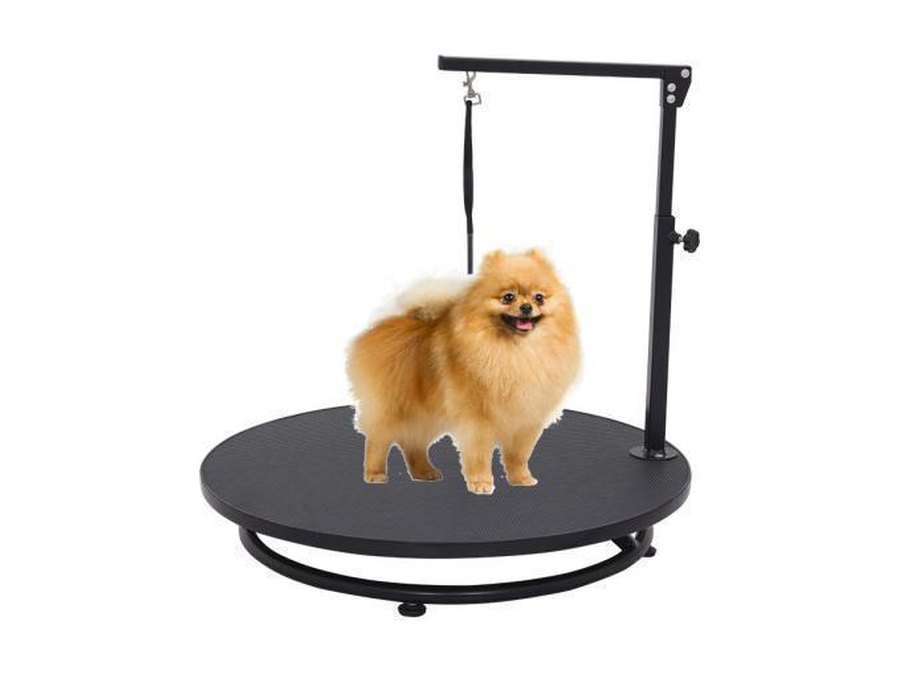Rotating round grooming table with folding arm