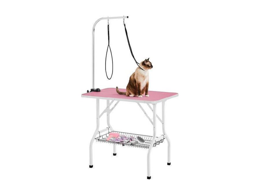 Folding grooming table with basket, white frame