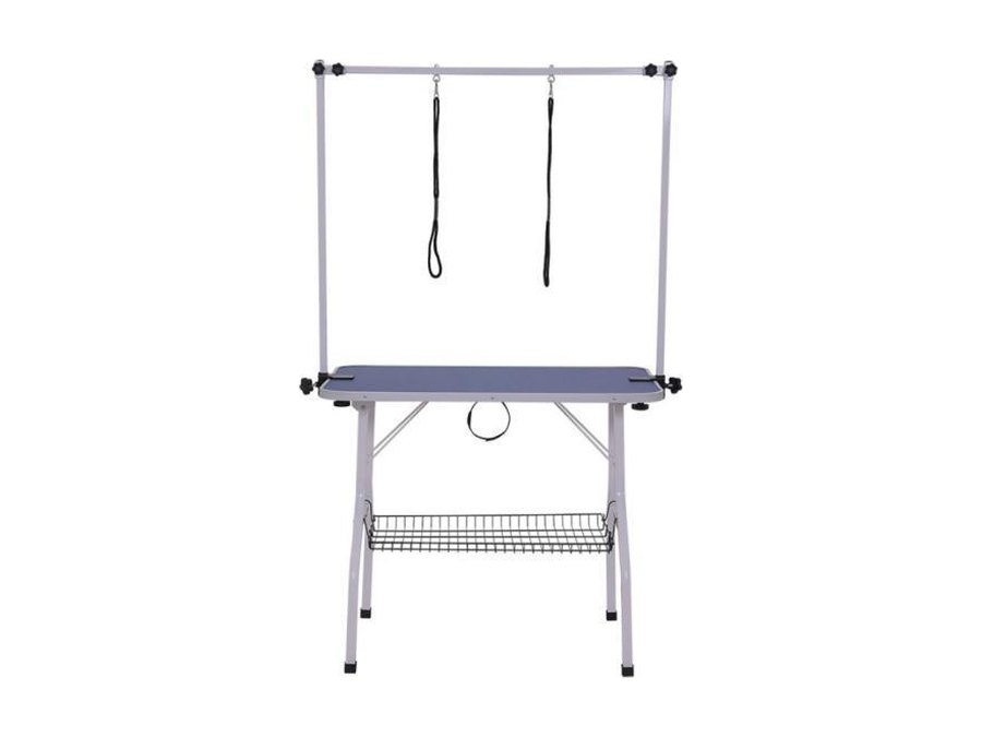 Folding grooming table with basket, H-frame arm