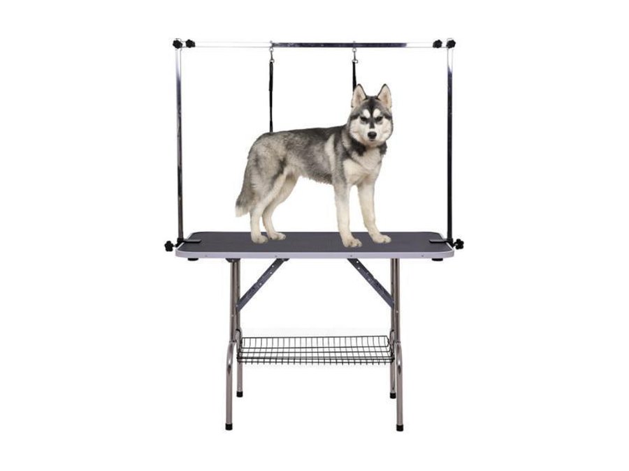 Large folding grooming table, stainless steel frame, H-frame arm