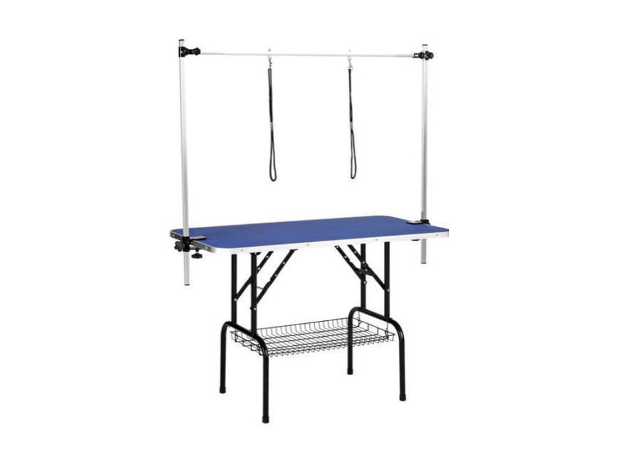 Large folding grooming table with basket, H-frame arm